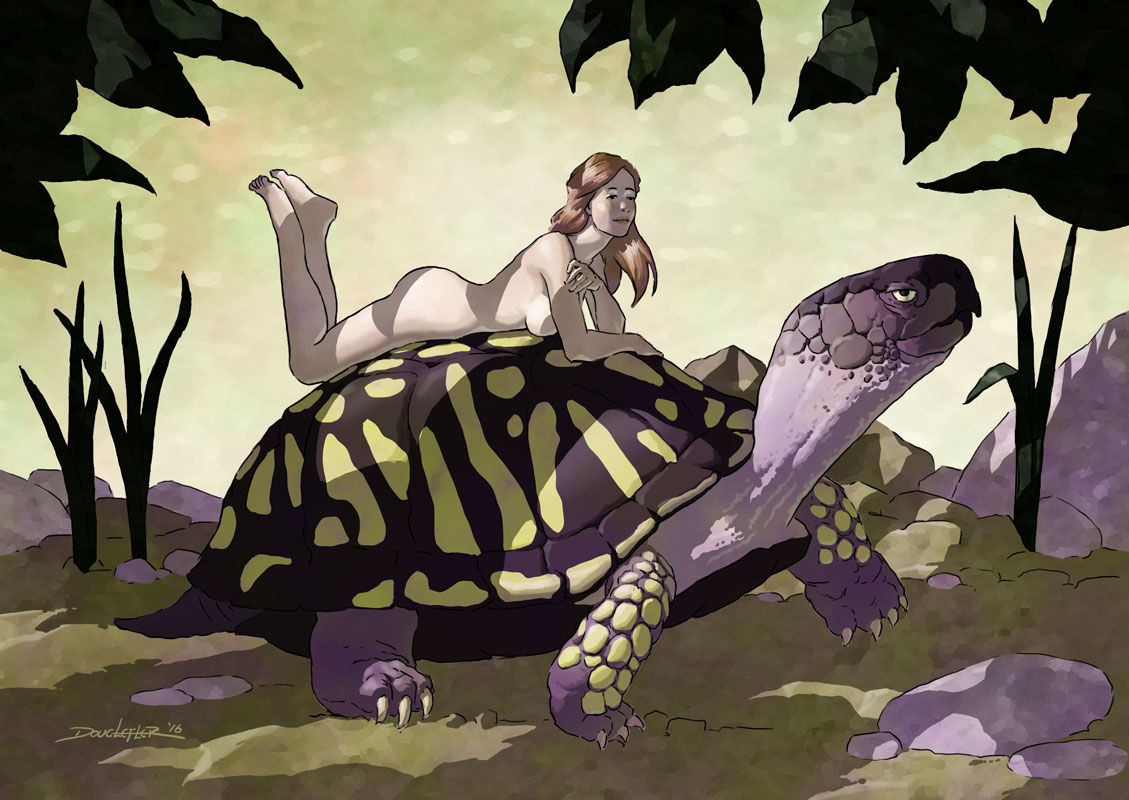 Girl riding a tortoise