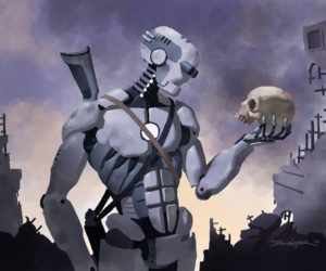 Robot Hamlet with Skull